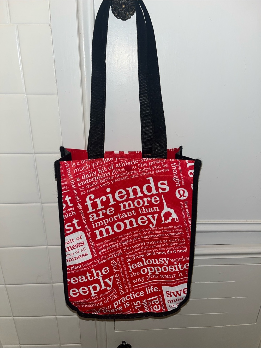 lululemon athletica red and black reusable tote bag